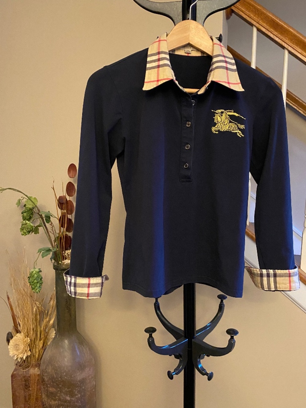 Burberry Women's Long Sleeve Nova Check Trim Polo Top Navy Size Medium